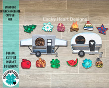 Load image into Gallery viewer, Standing Interchangeable Camper File SVG, Camping Sign File, Seasonal Shapes, LuckyHeartDesignsCo