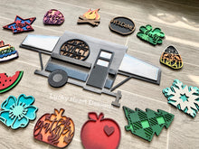 Load image into Gallery viewer, Standing Interchangeable Camper File SVG, Camping Sign File, Seasonal Shapes, LuckyHeartDesignsCo