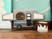 Load image into Gallery viewer, Standing Interchangeable Camper File SVG, Camping Sign File, Seasonal Shapes, LuckyHeartDesignsCo