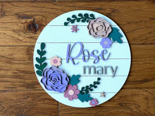 Load image into Gallery viewer, Rose Floral file SVG, Glowforge, Flower Round Name Sign, LuckyHeartDesignsCo