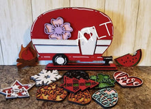 Load image into Gallery viewer, Standing Interchangeable Camper File SVG, Camping Sign File, Seasonal Shapes, LuckyHeartDesignsCo