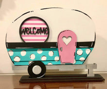 Load image into Gallery viewer, Standing Interchangeable Camper File SVG, Camping Sign File, Seasonal Shapes, LuckyHeartDesignsCo