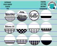 Load image into Gallery viewer, Patterned Door Hanger Bundle File SVG, Glowforge Sign, LuckyHeartDesignsCo