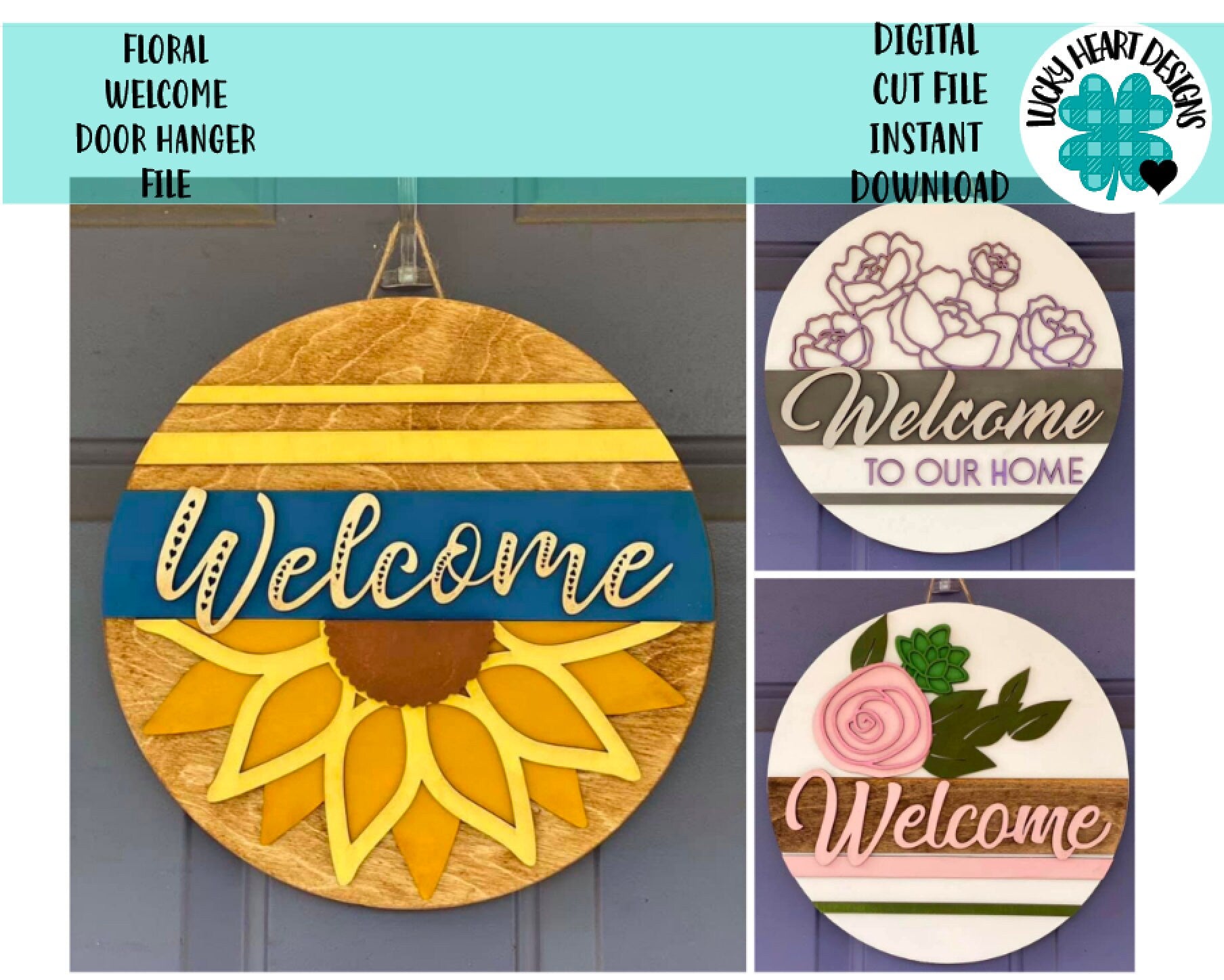 Floral Welcome Door Hanger Sign File SVG, Glowforge, LuckyHeartDesigns ...