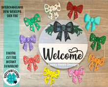 Load image into Gallery viewer, Interchangeable Bow Welcome Sign File SVG, Glowforge Door Hanger, LuckyHeartDesignsCo
