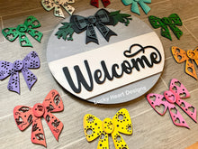 Load image into Gallery viewer, Interchangeable Bow Welcome Sign File SVG, Glowforge Door Hanger, LuckyHeartDesignsCo