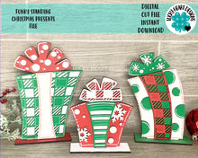 Load image into Gallery viewer, Funky Standing Christmas Presents File SVG, Glowforge Holiday, LuckyHeartDesignsCo