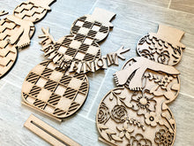 Load image into Gallery viewer, Patterned Standing Snowmen File SVG, Snowman Glowforge, LuckyHeartDesignsCo