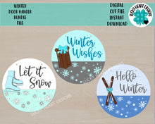 Load image into Gallery viewer, Winter Door Hanger Sign Bundle File SVG, Snow Sled Skates Glowforge, LuckyHeartDesignsCo