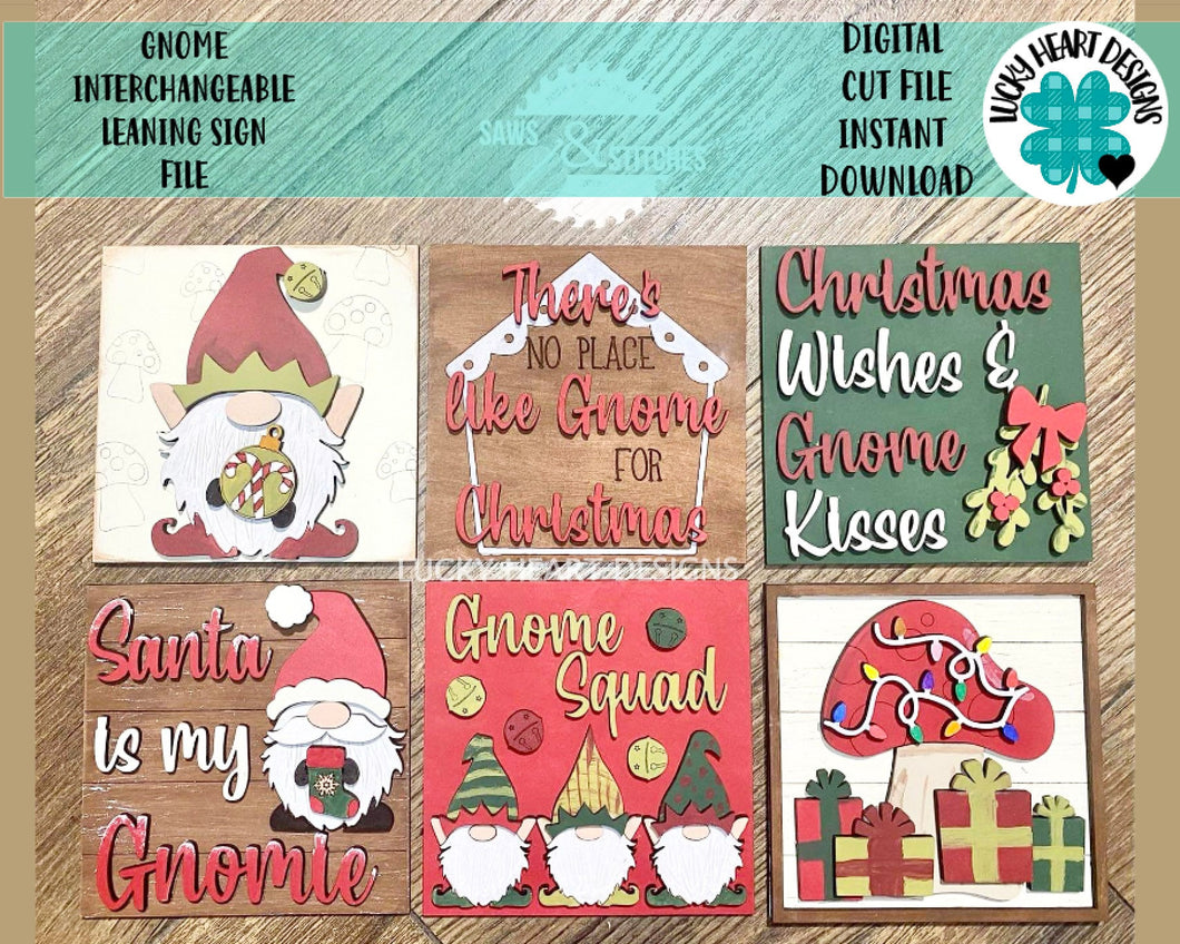 Gnome Christmas Interchangeable Leaning Sign File SVG, Glowforge Tiered Tray Signs, LuckyHeartDesignsCo