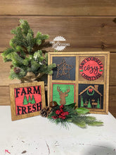 Load image into Gallery viewer, Rustic Christmas Interchangeable Leaning Sign File SVG, Cabin Holiday Tiered Tray Glowforge, LuckyHeartDesignsCo