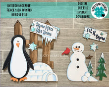 Load image into Gallery viewer, Interchangeable Fence Sign Winter Bundle File SVG, Penguin, Snowman, Glowforge, LuckyHeartDesignsCo