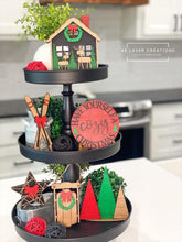 Load image into Gallery viewer, Rustic Plaid Christmas Tiered Tray File SVG, Cabin Sled Holiday Tier Tray Glowforge, LuckyHeartDesignsCo