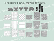 Load image into Gallery viewer, Standing Christmas Presents Centerpiece Complete DIY KIT File SVG, Holiday Hanukkah, Glowforge, LuckyHeartDesignsCo