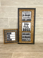 Load image into Gallery viewer, Hustle Quote Interchangeable Leaning Sign File SVG, Mom Boss, Motivational, Glowforge, LuckyHeartDesignsCo
