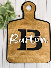 Load image into Gallery viewer, Cutting Board Initial Sign File SVG, Monogram Glowforge, Tiered Tray, LuckyHeartDesignsCo

