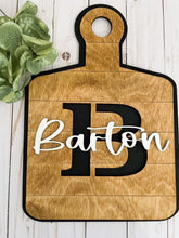 Load image into Gallery viewer, Cutting Board Initial Sign File SVG, Monogram Glowforge, Tiered Tray, LuckyHeartDesignsCo