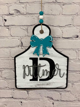 Load image into Gallery viewer, Cow Tag Farmhouse Initial Sign File SVG, Cutting Board, Tiered Tray, Glowforge, LuckyHeartDesignsCo