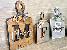 Load image into Gallery viewer, Cutting Board Initial Sign File SVG, Monogram Glowforge, Tiered Tray, LuckyHeartDesignsCo
