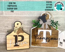 Load image into Gallery viewer, Cow Tag Farmhouse Initial Sign File SVG, Cutting Board, Tiered Tray, Glowforge, LuckyHeartDesignsCo
