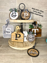 Load image into Gallery viewer, Cow Tag Farmhouse Initial Sign File SVG, Cutting Board, Tiered Tray, Glowforge, LuckyHeartDesignsCo