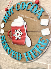 Load image into Gallery viewer, Hot Cocoa Served Here Door Hanger Sign SVG File, Winter Glowforge, LuckyHeartDesignsCo