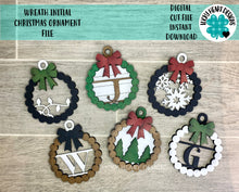 Load image into Gallery viewer, Wreath Initial Christmas Ornament File SVG, Glowforge Holiday Farmhouse, LuckyHeartDesignsCo