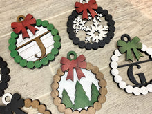 Load image into Gallery viewer, Wreath Initial Christmas Ornament File SVG, Glowforge Holiday Farmhouse, LuckyHeartDesignsCo