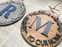 Load image into Gallery viewer, Welcome To Our Home Initial Round Door Hanger File SVG, Glowforge, LuckyHeartDesignsCo