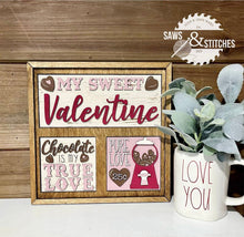 Load image into Gallery viewer, Love and Chocolate Valentine's Day Interchangeable Leaning Sign File SVG, Tiered Tray, Glowforge, LuckyHeartDesignsCo