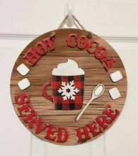 Load image into Gallery viewer, Hot Cocoa Served Here Door Hanger Sign SVG File, Winter Glowforge, LuckyHeartDesignsCo