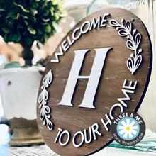 Load image into Gallery viewer, Welcome To Our Home Initial Round Door Hanger File SVG, Glowforge, LuckyHeartDesignsCo