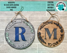 Load image into Gallery viewer, Welcome To Our Home Initial Round Door Hanger File SVG, Glowforge, LuckyHeartDesignsCo