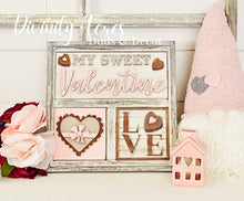 Load image into Gallery viewer, Love and Chocolate Valentine's Day Interchangeable Leaning Sign File SVG, Tiered Tray, Glowforge, LuckyHeartDesignsCo