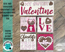 Load image into Gallery viewer, Love and Chocolate Valentine's Day Interchangeable Leaning Sign File SVG, Tiered Tray, Glowforge, LuckyHeartDesignsCo