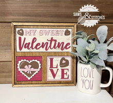 Load image into Gallery viewer, Love and Chocolate Valentine's Day Interchangeable Leaning Sign File SVG, Tiered Tray, Glowforge, LuckyHeartDesignsCo