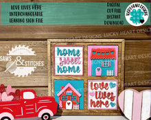 Load image into Gallery viewer, Love Lives Here Valentines Day Interchangeable Leaning Sign File SVG, Glowforge, LuckyHeartDesignsCo