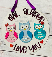 Load image into Gallery viewer, Valentines Owl Round Craft Kit FILE SVG, Glowforge door hanger