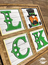 Load image into Gallery viewer, Gnome ST. Patrick's Day Interchangeable Leaning Sign File SVG, Glowforge Tiered Tray, LuckyHeartDesignsCo