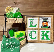 Load image into Gallery viewer, Gnome ST. Patrick's Day Interchangeable Leaning Sign File SVG, Glowforge Tiered Tray, LuckyHeartDesignsCo
