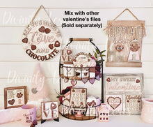 Load image into Gallery viewer, Love and Chocolate Valentine's Day Interchangeable Leaning Sign File SVG, Tiered Tray, Glowforge, LuckyHeartDesignsCo