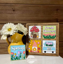 Load image into Gallery viewer, Gnome Spring Interchangeable Leaning Sign File SVG, Tiered Tray Glowforge, LuckyHeartDesignsCo