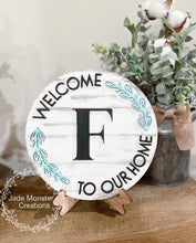 Load image into Gallery viewer, Welcome To Our Home Initial Round Door Hanger File SVG, Glowforge, LuckyHeartDesignsCo