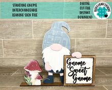 Load image into Gallery viewer, Standing Gnome Interchangeable Leaning Sign File SVG, Glowforge, LuckyHeartDesignsCo