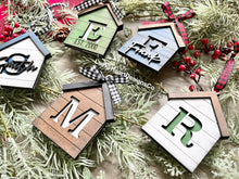 Load image into Gallery viewer, Initial Shiplap Houses Christmas Ornaments File SVG, Glowforge Farmhouse, LuckyHeartDesignsCo