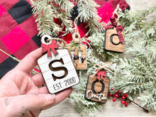 Load image into Gallery viewer, Cutting Board Initial Christmas Ornament File SVG, Glowforge Farmhouse Shiplap, LuckyHeartDesignsCo