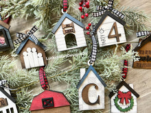 Load image into Gallery viewer, Christmas Houses Ornament File SVG, Glowforge Shiplap Farmhouse, LuckyHeartDesignsCo