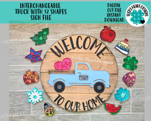 Load image into Gallery viewer, Interchangeable Truck With 12 Shapes Sign File SVG, Shiplap Door Hanger, Glowforge Laser, LuckyHeartDesignsCo