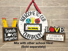 Load image into Gallery viewer, School classroom Interchangeable Door Hanger File SVG, Glowforge Teacher Gift, LuckyHeartDesignsCo