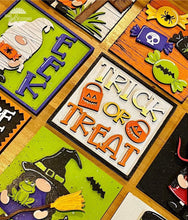 Load image into Gallery viewer, Gnome Halloween Interchangeable Leaning Sign File SVG, Glowforge Tiered Tray, LuckyHeartDesignsCo